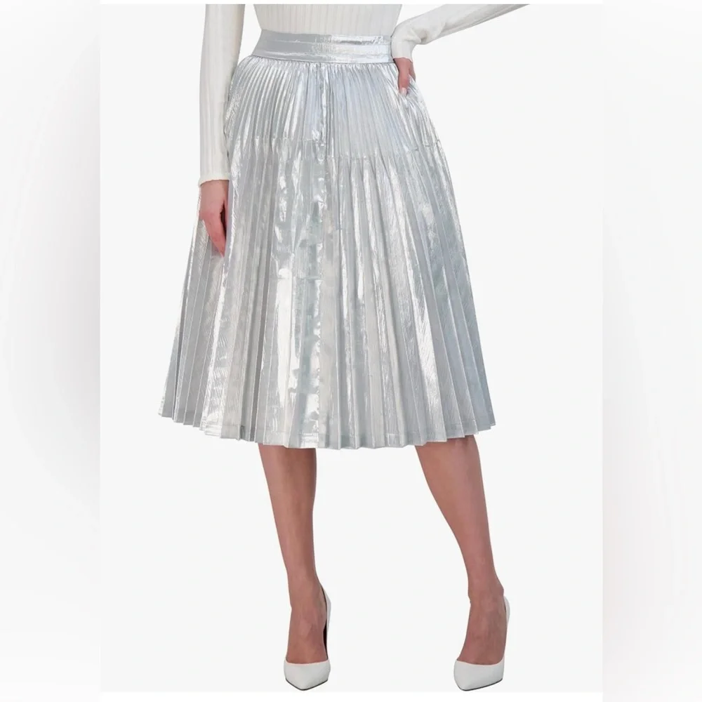 BCBGMAXAZRIA Silver Metallic Lame Pleated a Line Midi Skirt NWT